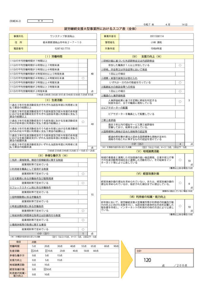 就労継続支援Ａ型事業所におけるスコア表（全体）